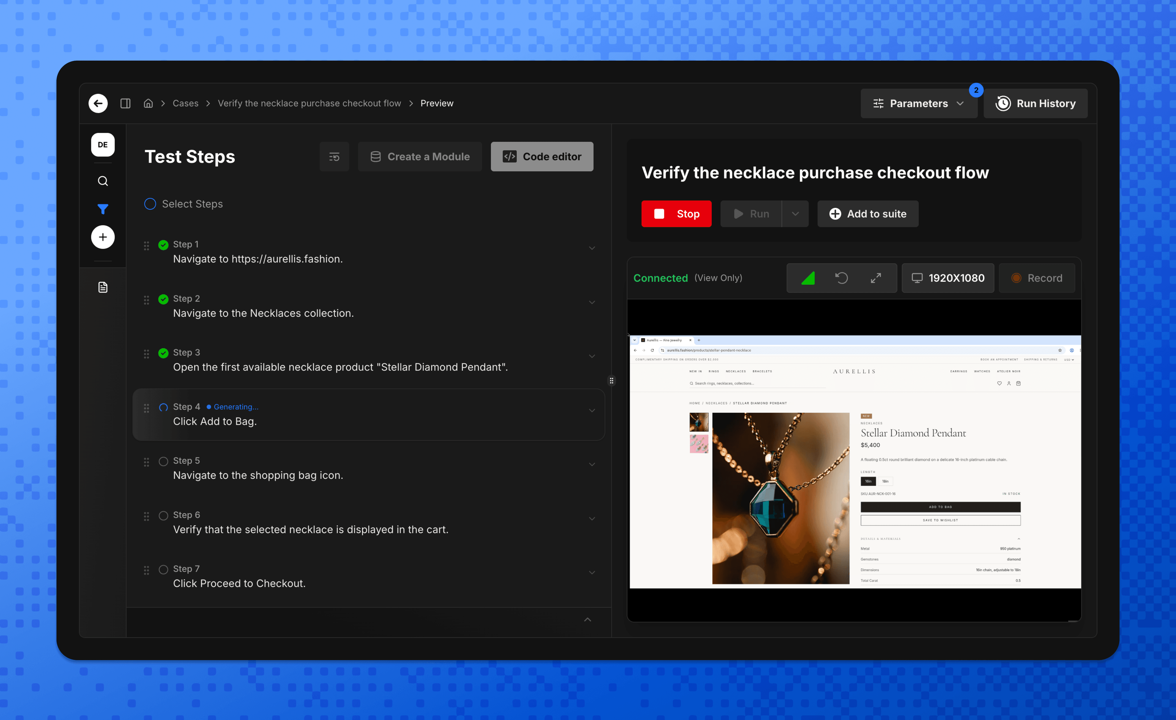 Lucius AI Preview workspace showing test steps and a live browser sandbox executing a checkout flow