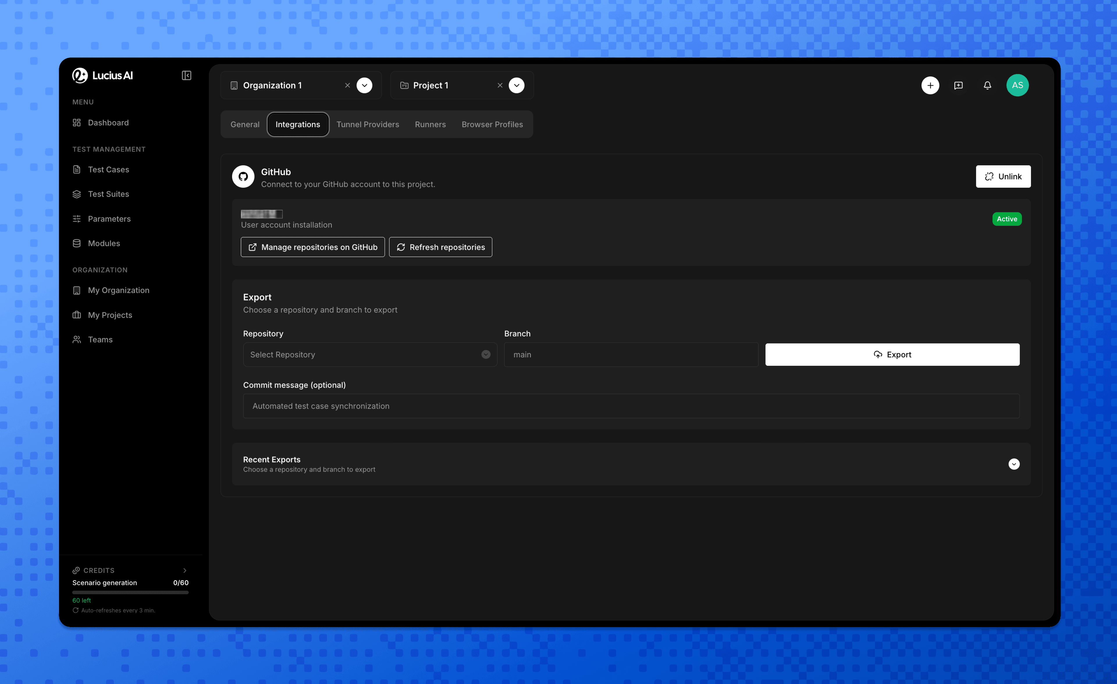 Lucius AI GitHub integration panel showing an active connection, repository and branch selection, and recent exports