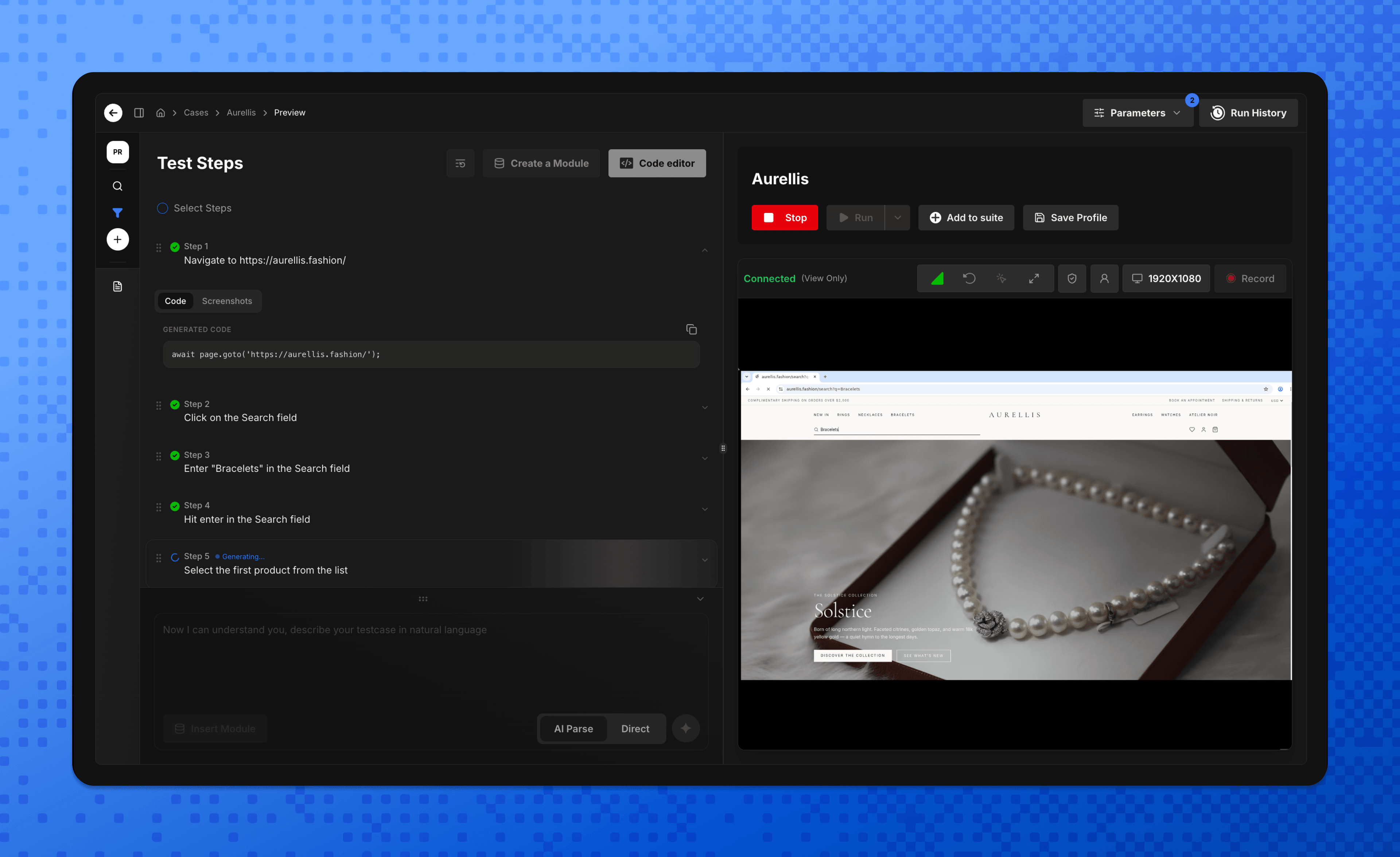 Lucius AI preview workspace showing test steps with generated Playwright code, a step actively generating, and a live browser sandbox mid-navigation
