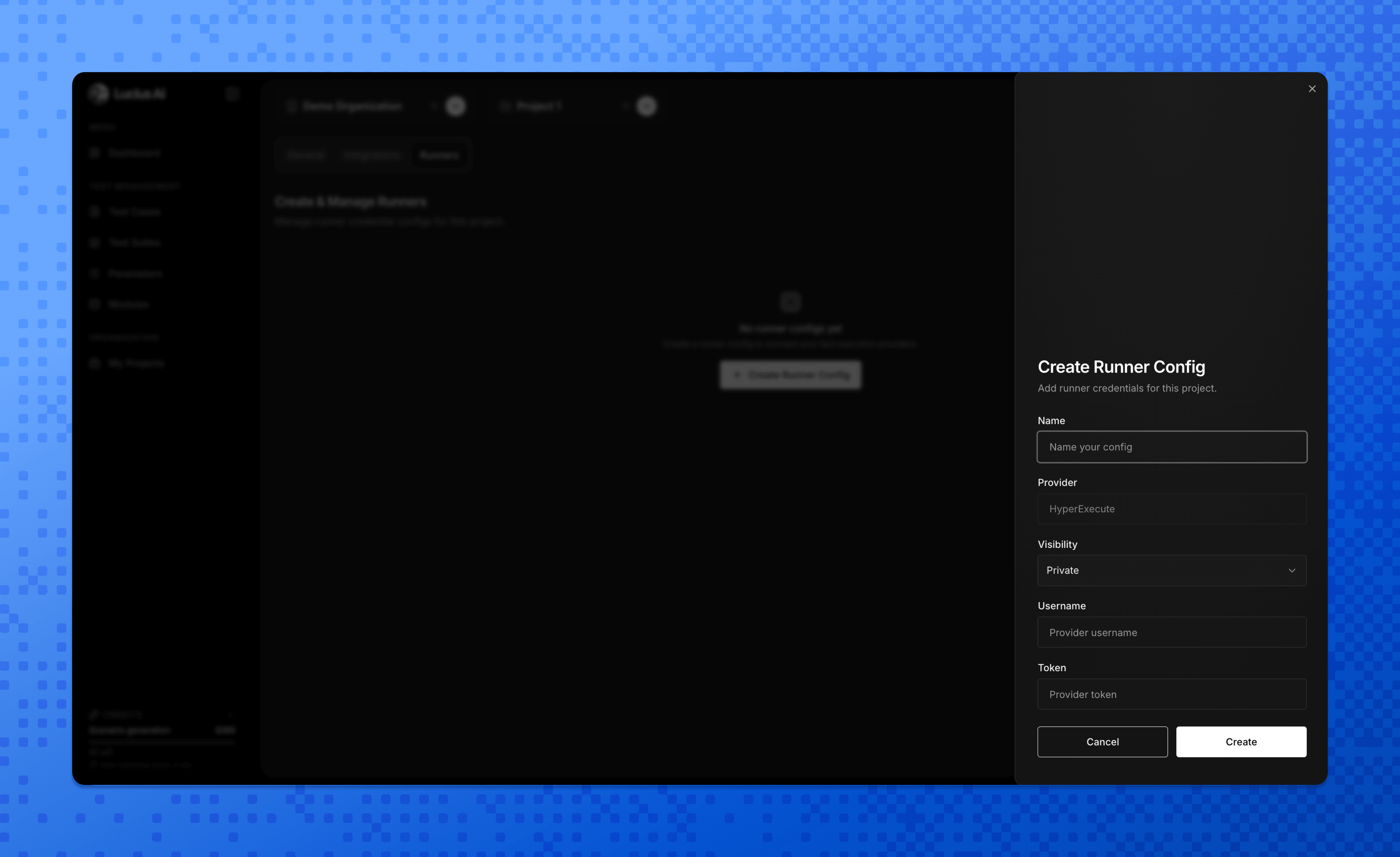 Lucius AI Create Runner Config panel with name, provider, visibility, username, and token fields